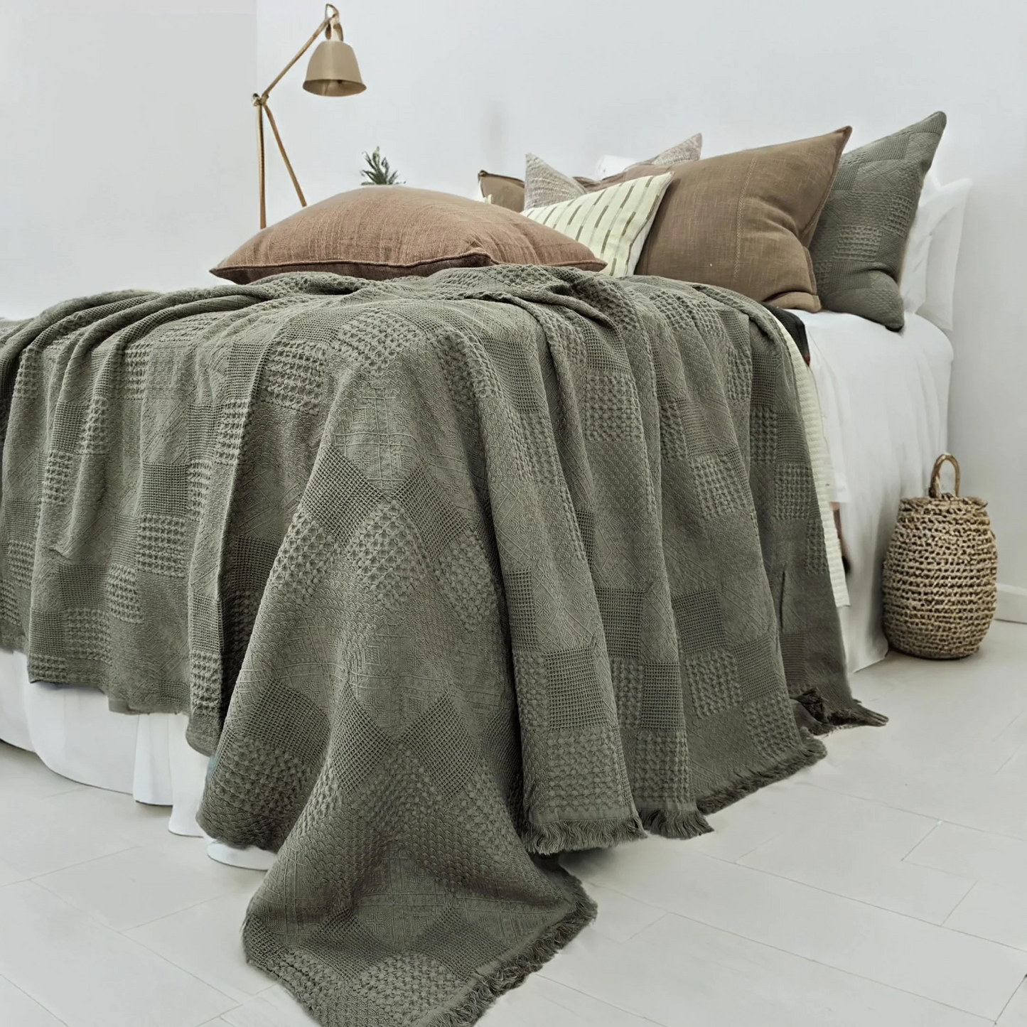 Piper Waffle Bedcover Dark Khaki Green