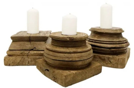 Antique Wooden Pillar Candle Holder Large